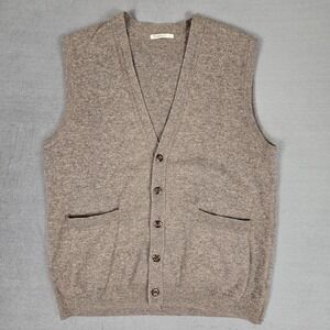 WoolOvers Sweater Vest Men Large Brown Wool V Neck Button Front Cardigan Pocket
